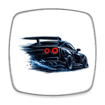 Blue sports car in speed - Square fridge magnet - white - Front