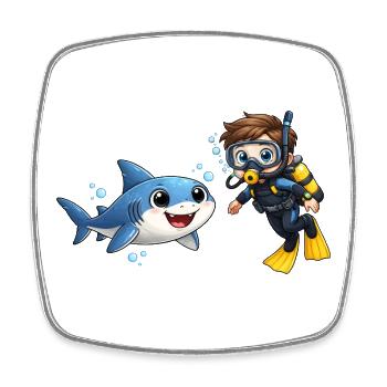 Diver Kid with Shark Funny Ocean Cartoon - Square fridge magnet - white - Front