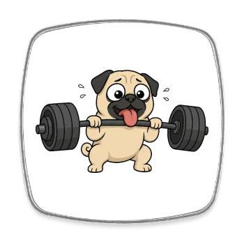 Süß Mops Cartoon Fitness Bodybuilder Gewichtheber - Viereckiger Kühlschrankmagnet - Weiß - Vorne