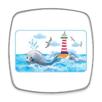 Funny Whale at the Lighthouse - Hand Painted - Square fridge magnet - white - Front