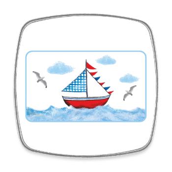 Voilier bleu sur la mer - peint à la main - Magnet carré - blanc - Devant