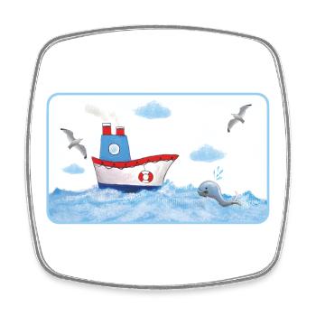 Small coastal boat by the sea with whale - Square fridge magnet - white - Front