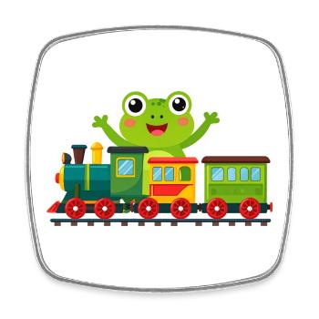 Green cartoon frog cheering with toy train - Square fridge magnet - white - Front