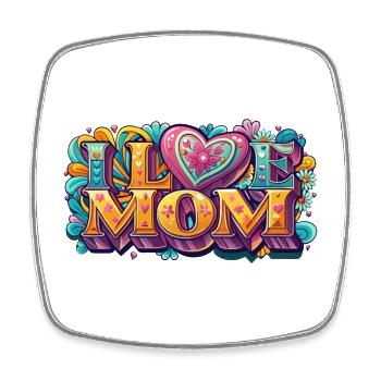 I Love Mom: Bunter Retro-Schriftzug - Viereckiger Kühlschrankmagnet - Weiß - Vorne