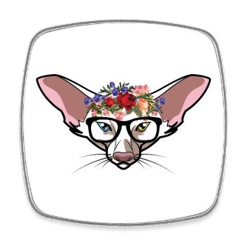 Orientalischer Kurzhaar-Blumenkranz – lustige Katzenmama - Viereckiger Kühlschrankmagnet - Weiß - Vorne