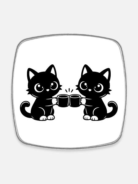 Two cats drinking coffee together - Square fridge magnet - white