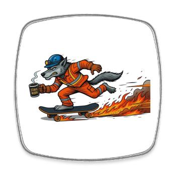 Cartoon-Figur Wolf auf feurigem Skateboard - Viereckiger Kühlschrankmagnet - Weiß - Vorne