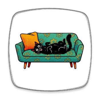 Black cat relaxing on retro sofa - Square fridge magnet - white - Front