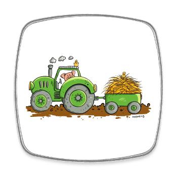 Pig drives tractor with trailer farm - Square fridge magnet - white - Front