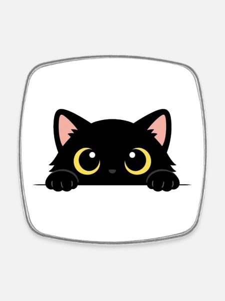 Curious Black Cat – Adorable Yellow Eyes - Square fridge magnet - white