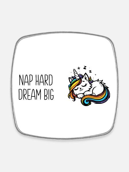 Nap hard dream big, sleeping unicorn cat (colorful) - Square fridge magnet - white