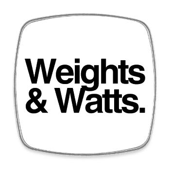 Weights & Watts - Tshirt für Triathlon und Gym - Viereckiger Kühlschrankmagnet - Weiß - Vorne