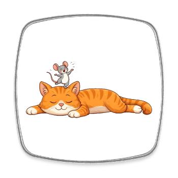 Chat endormi avec souris joyeuse - Magnet carré - blanc - Devant
