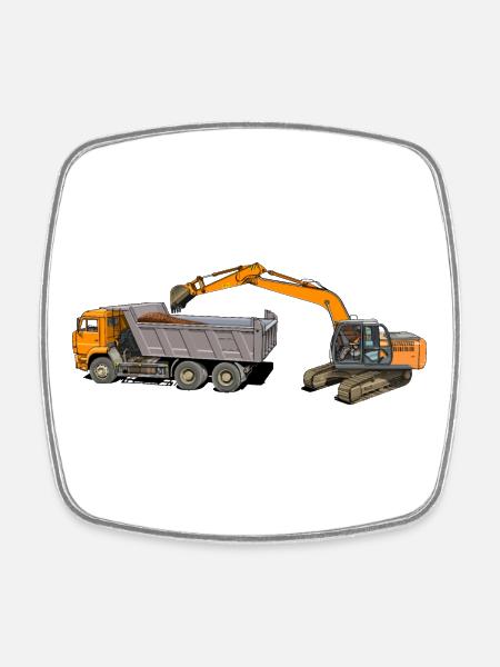 Excavator loads trucks - Square fridge magnet - white