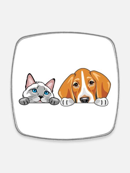 Peeking_Siamese_cat_and_Foxhound_dog - Magnet carré - blanc