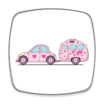 Auto mit Wohnwagen Rosa Herz - Viereckiger Kühlschrankmagnet - Weiß - Vorne