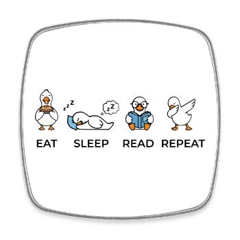 Eat Sleep Read Repeat – Lustiges Bücherwurm Gänse  - Viereckiger Kühlschrankmagnet - Weiß - Vorne