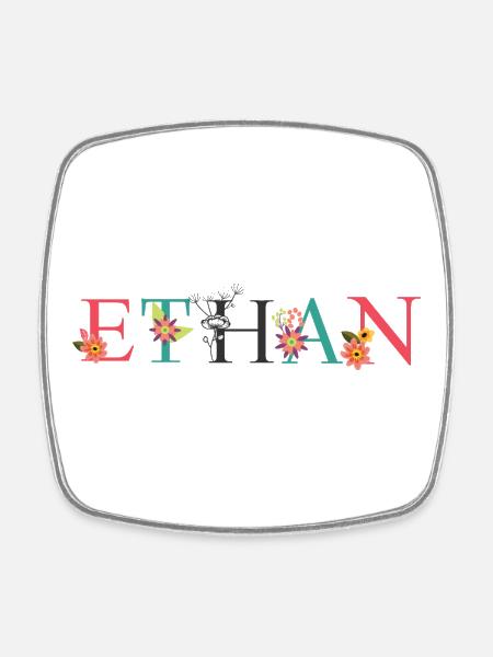 ETHAN Name Art With Flowers Embroidered - Square fridge magnet - white