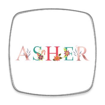 ASHER Namenskunst mit gestickten Blumen - Viereckiger Kühlschrankmagnet - Weiß - Vorne