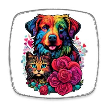 Hund, Katze und Rose - Viereckiger Kühlschrankmagnet - Weiß - Vorne