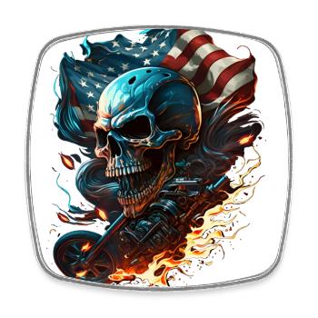 Totenkopf auf der amerikanischen Flagge, feuriges Motorrad. - Viereckiger Kühlschrankmagnet - Weiß - Vorne