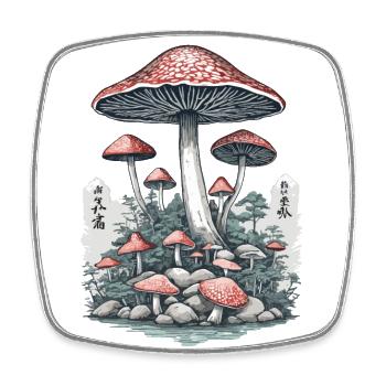 Japanese Toadstool Vintage Ukiyo-E Mushroom Design - Square fridge magnet - white - Front