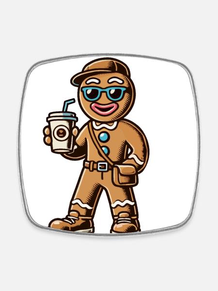 Funny gingerbread man with coffee for Christmas - Square fridge magnet - white