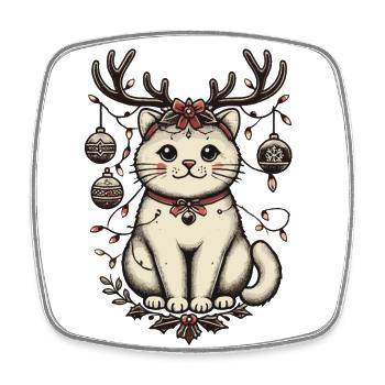 Weihnachtliche Katze Mit Geweih Und Kugeln - Viereckiger Kühlschrankmagnet - Weiß - Vorne