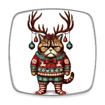 Grumpy Christmas cat with antlers - Square fridge magnet - white - Front