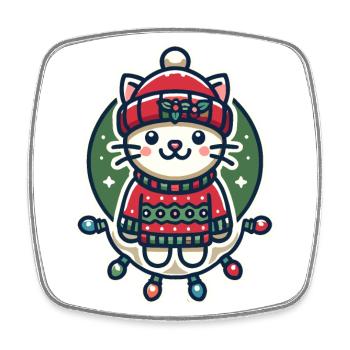 Chat de Noël avec chapeau et guirlandes lumineuses - Magnet carré - blanc - Devant