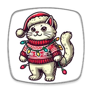 Chat de Noël en pull avec des guirlandes lumineuses - Magnet carré - blanc - Devant
