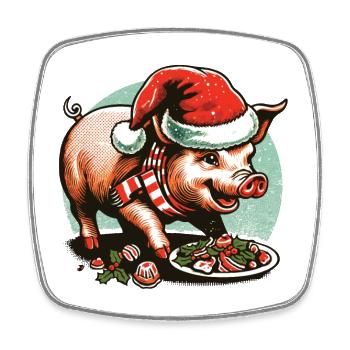 Weihnachtliches Völlerei Schwein Mit Mütze - Viereckiger Kühlschrankmagnet - Weiß - Vorne