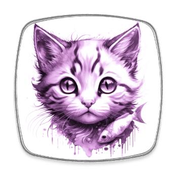 Purple Kitten with fish - Square fridge magnet - white - Front