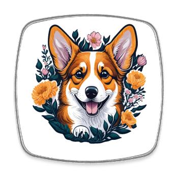 Chien Corgi mignon avec des fleurs Corgi Dogs - Magnet carré - blanc - Devant