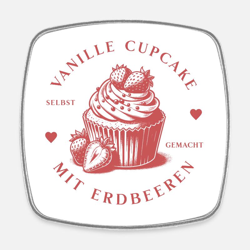 Vanille Cupcake mit Erdbeeren, Oberteil/Accessoire - Viereckiger Kühlschrankmagnet - Weiß