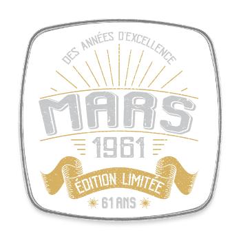 61 Ans Anniversaire Vintage Né(e) en Mars 1961 - Magnet carré - blanc - Devant