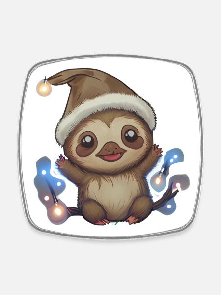 Cheerful Sloth with Cute Cap - Square fridge magnet - white