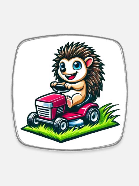 Hérisson sur tracteur dans le jardin - Magnet carré - blanc