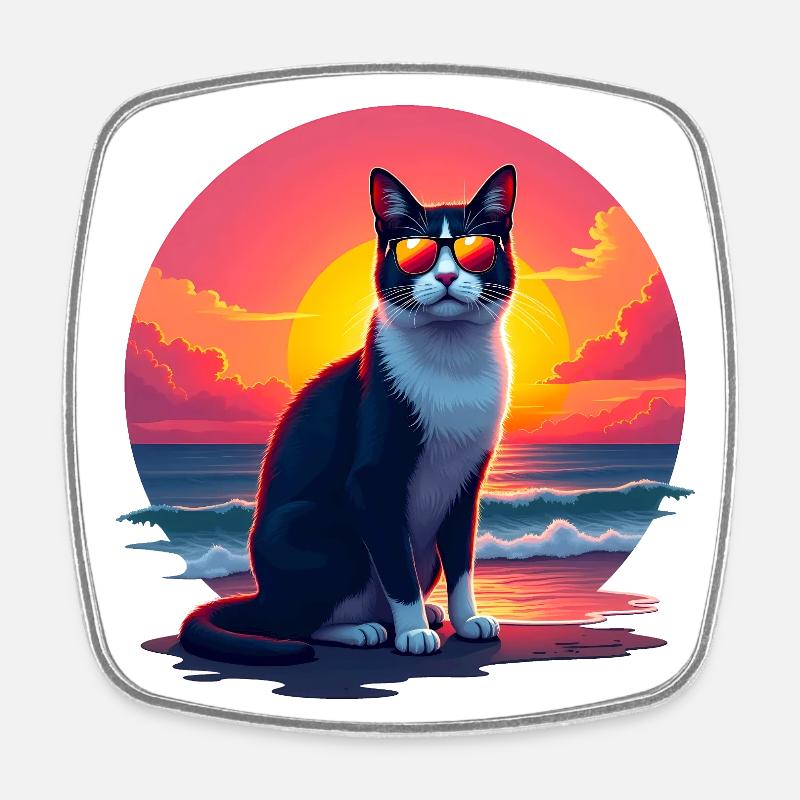 Cat on the beach - Square fridge magnet - white
