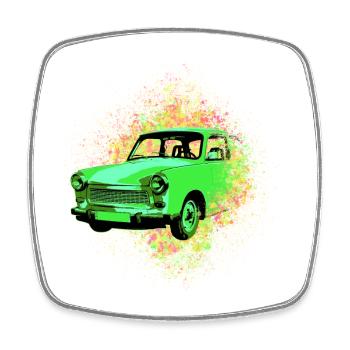 Carton Psychédélique Trabi GDR | Voiture culte - Magnet carré - blanc - Devant