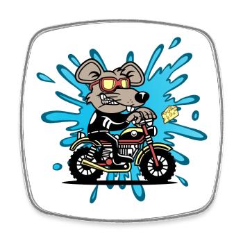 Mouse rat cheese motorcycle comic cartoon - Square fridge magnet - white - Front