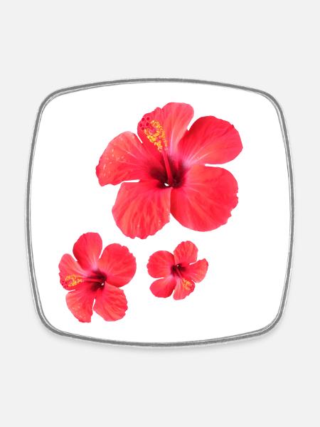 Red Hibiscus Blossoms Triple - Square fridge magnet - white