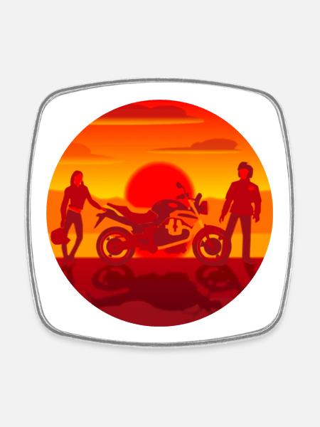 Couple et moto au coucher du soleil - Magnet carré - blanc
