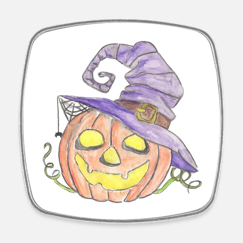 Watercolor pumpkin with witch hat - Square fridge magnet - white