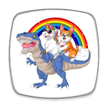 corgi and unicorn riding dinosaur - Square fridge magnet - white - Front
