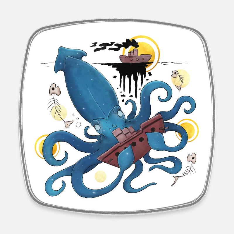 Blue Ink Spirits - Kraken Calamar géant abyssal - Magnet carré - blanc