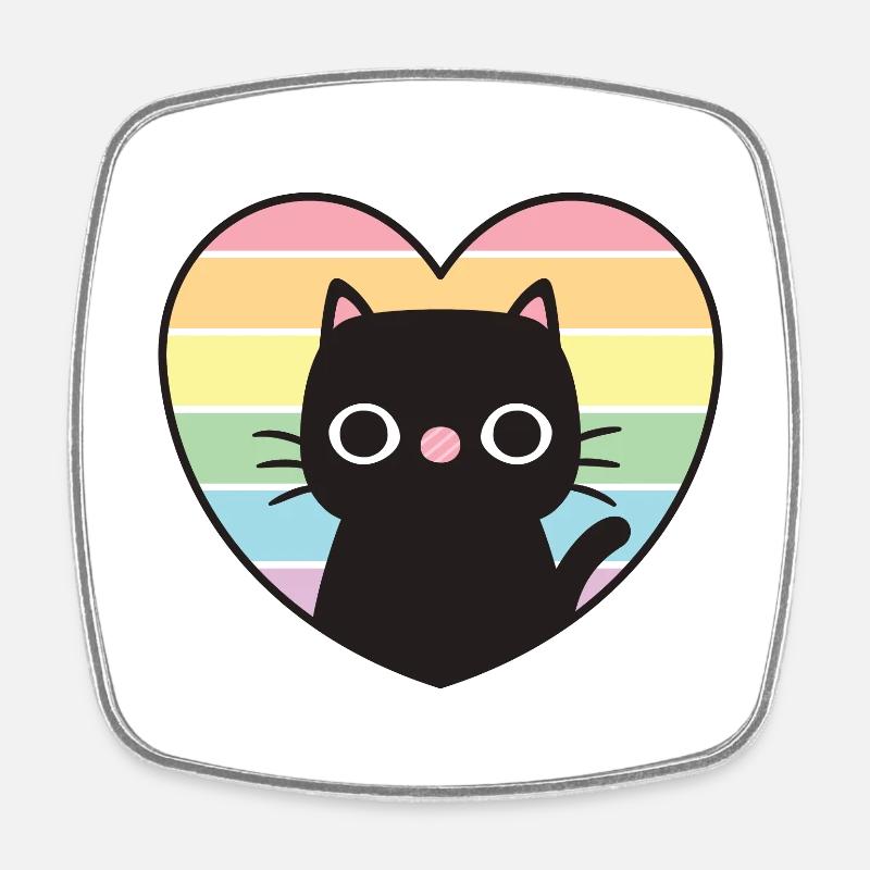 Mignon chat noir Rainbow Heart - Magnet carré - blanc
