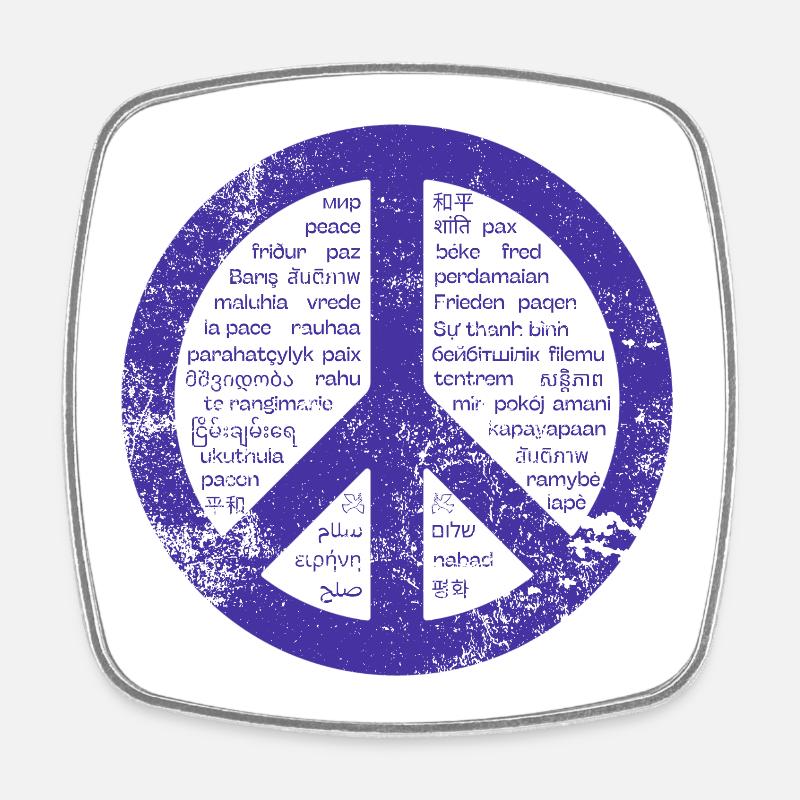 Blue Peace sign. Peace in many languages. - Square fridge magnet - white