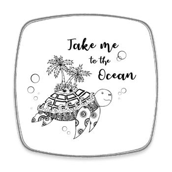 "Take me to the Ocean" - Turtle with island - Square fridge magnet - white - Front