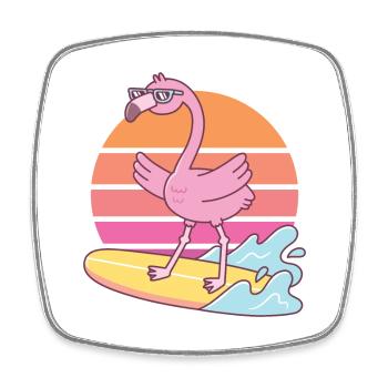 Funny Flamingo Surfing On Surfboard Sunset - Square fridge magnet - white - Front